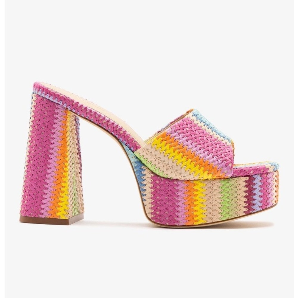 Larroude Dolly Rainbow Woven Raffia Platform Block Heel Sandals Womens 6.5